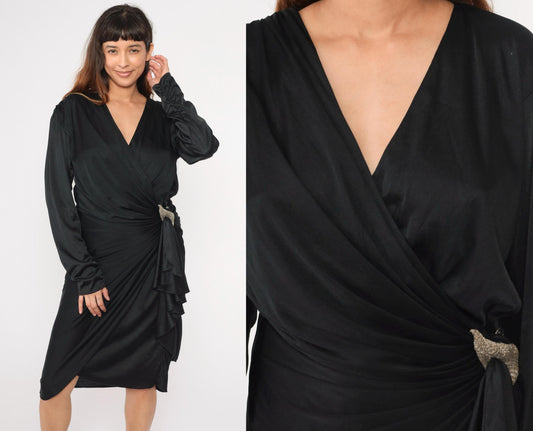 80s Black Faux Wrap Midi Dress Beaded Waist V Neck Long Sleeve Medium