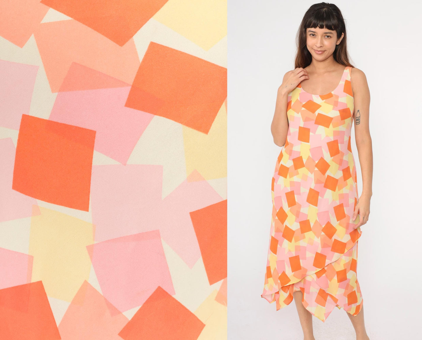 Y2K Geometric Asymmetrical Hanky Hem Shift Dress Orange Pink Yellow Large 12