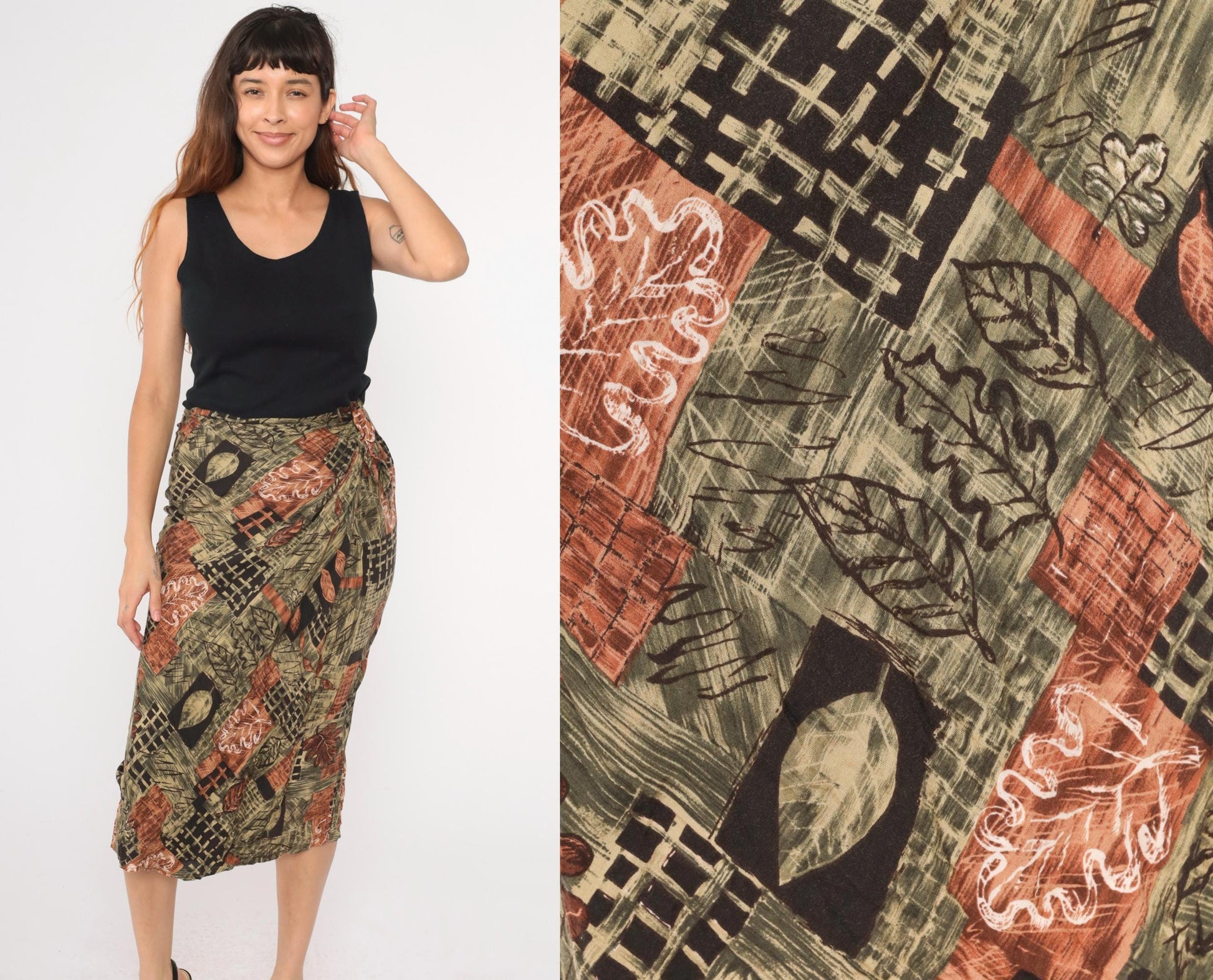 90s UM & Company Leaf Print Midi Dress Black High Waist Wrap Sleeveless Medium