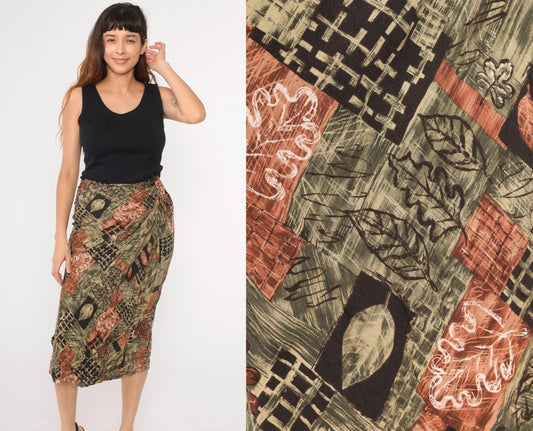 90s UM & Company Leaf Print Midi Dress Black High Waist Wrap Sleeveless Medium