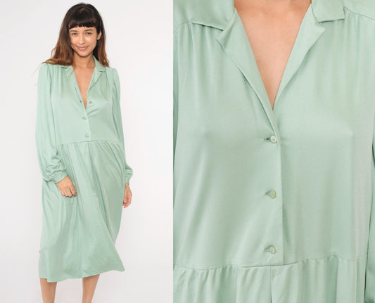 70s Light Green Midi Shirtdress Button-Up High Waisted Collared Long Sleeve Extra Large