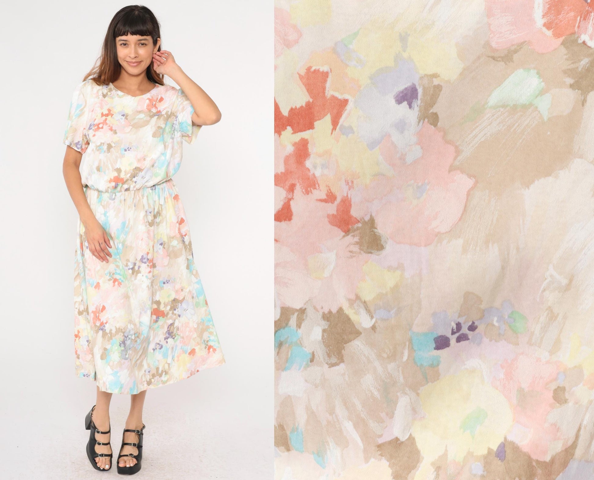 80s Watercolor Floral Midi Dress High Waist Blouson Pink Brown Blue Large