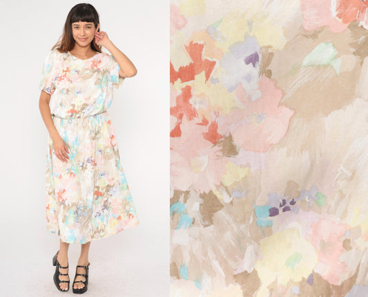 80s Watercolor Floral Midi Dress High Waist Blouson Pink Brown Blue Large