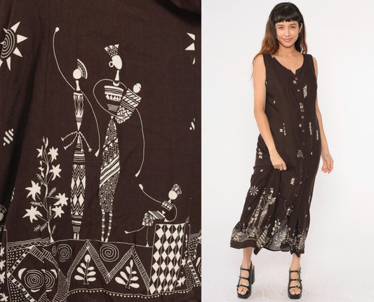 Y2K African Print Maxi Dress Brown Button-Up Sleeveless Geometric Cage Back Extra Large XL