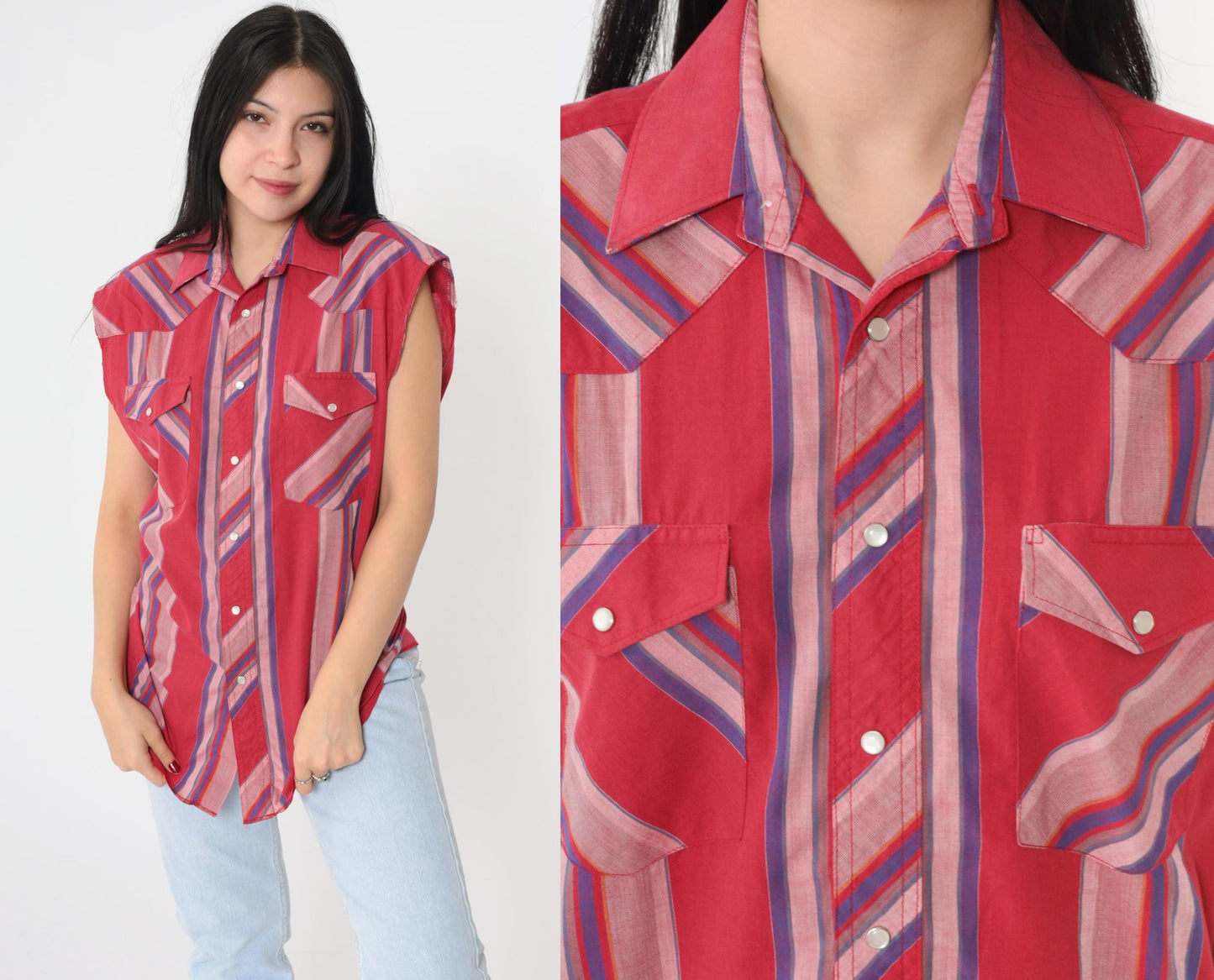 90s Wrangler Western Sleeveless Shirt Cherry Red Striped Pearl Snap Men's Medium