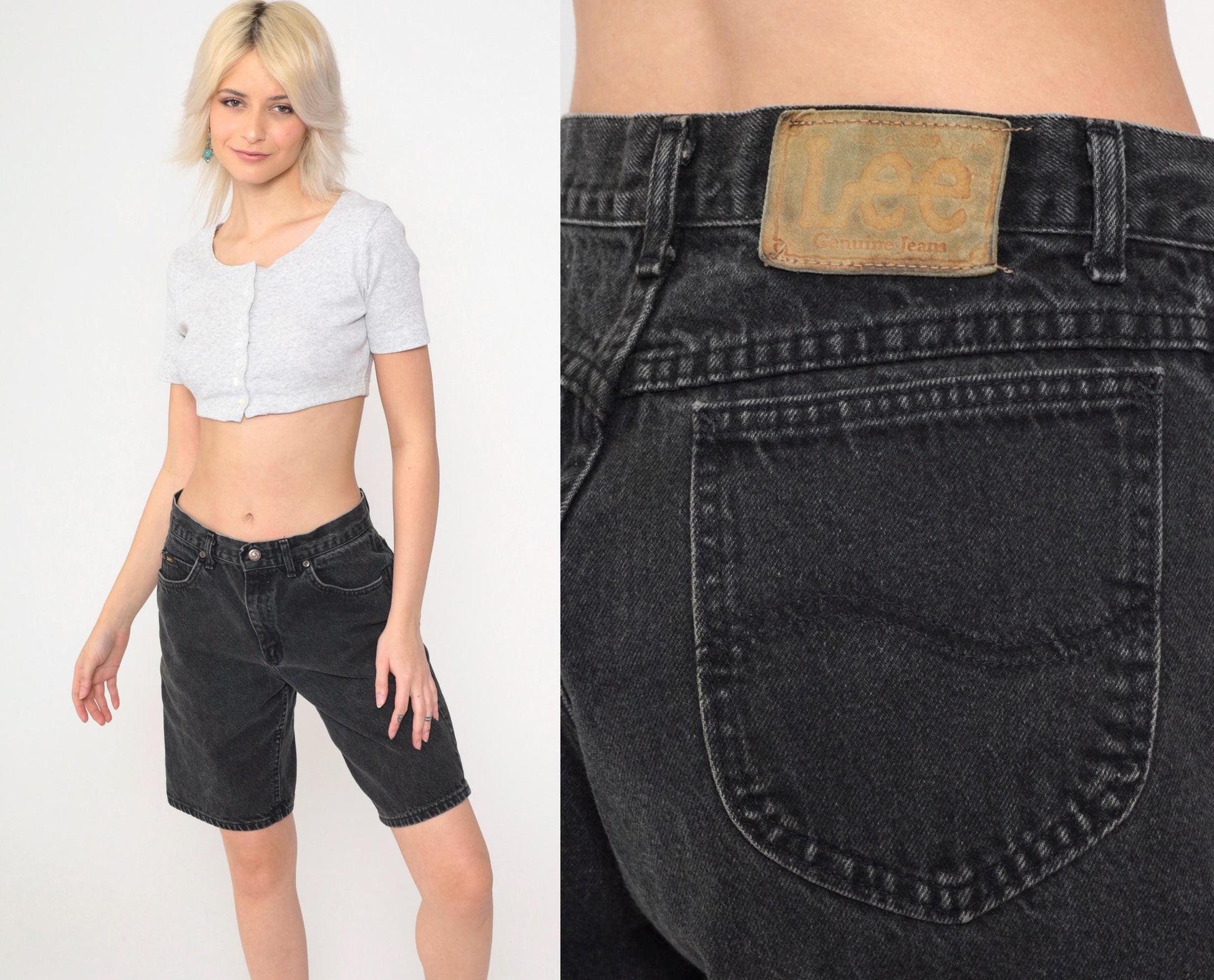 90s Lee Black Denim Shorts High Waisted Jean Bermuda Medium 31
