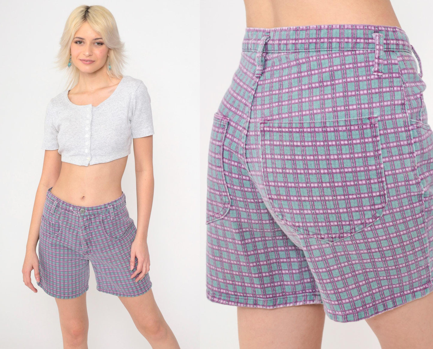 90s Wet Seal Checkered Denim Shorts High Waist Purple Green Small