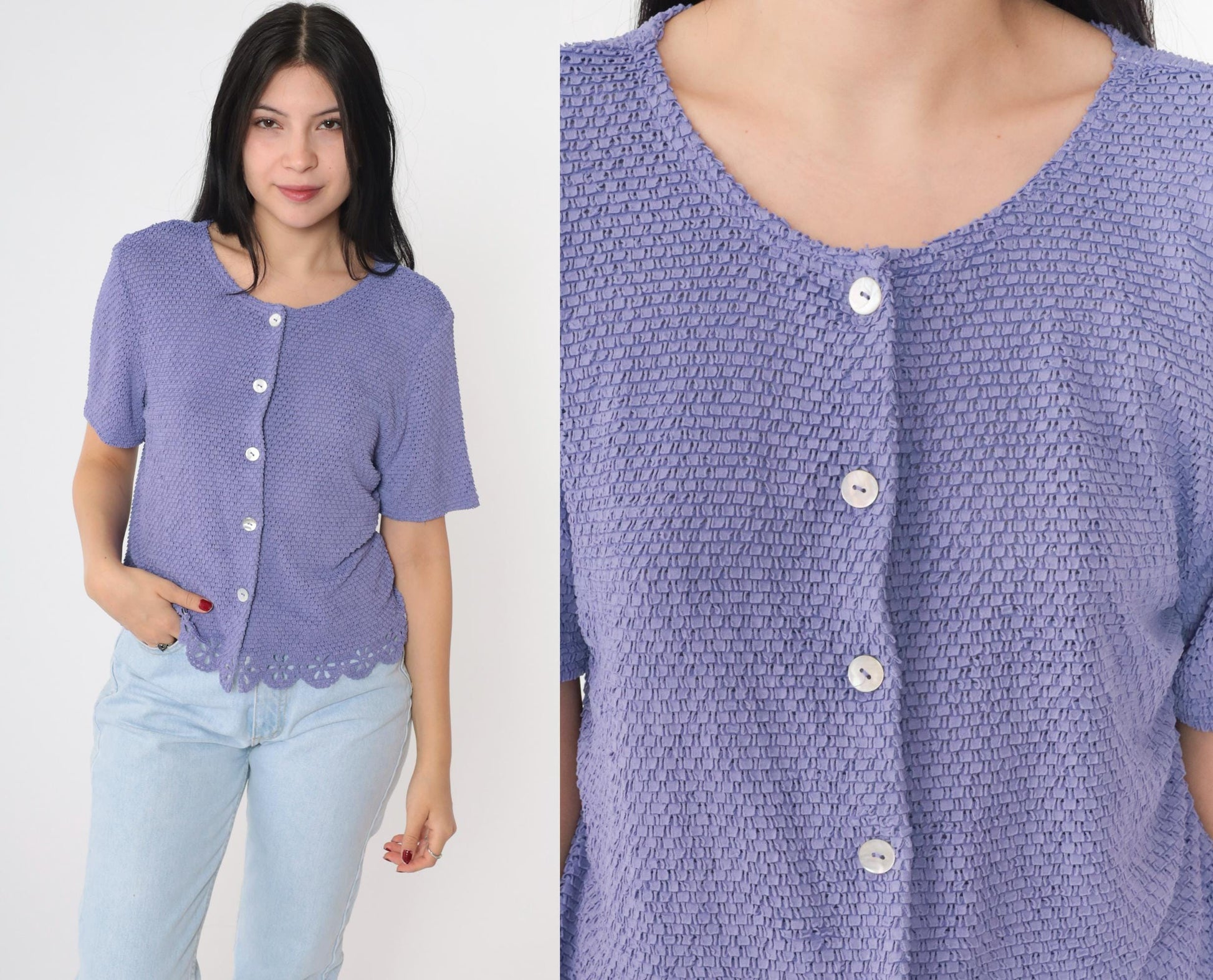90s Lavender Cutwork Cardigan Sheer Knit Floral Cutout Button-Up Medium