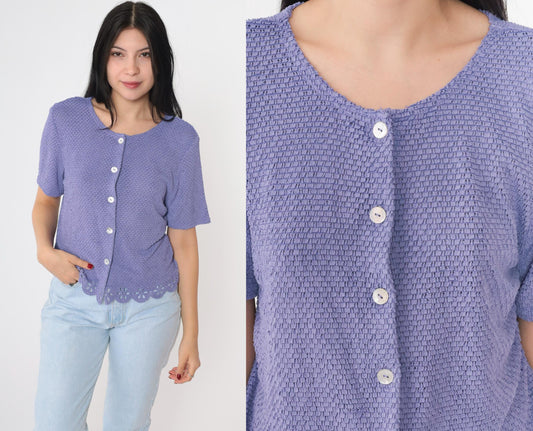 90s Lavender Cutwork Cardigan Sheer Knit Floral Cutout Button-Up Medium