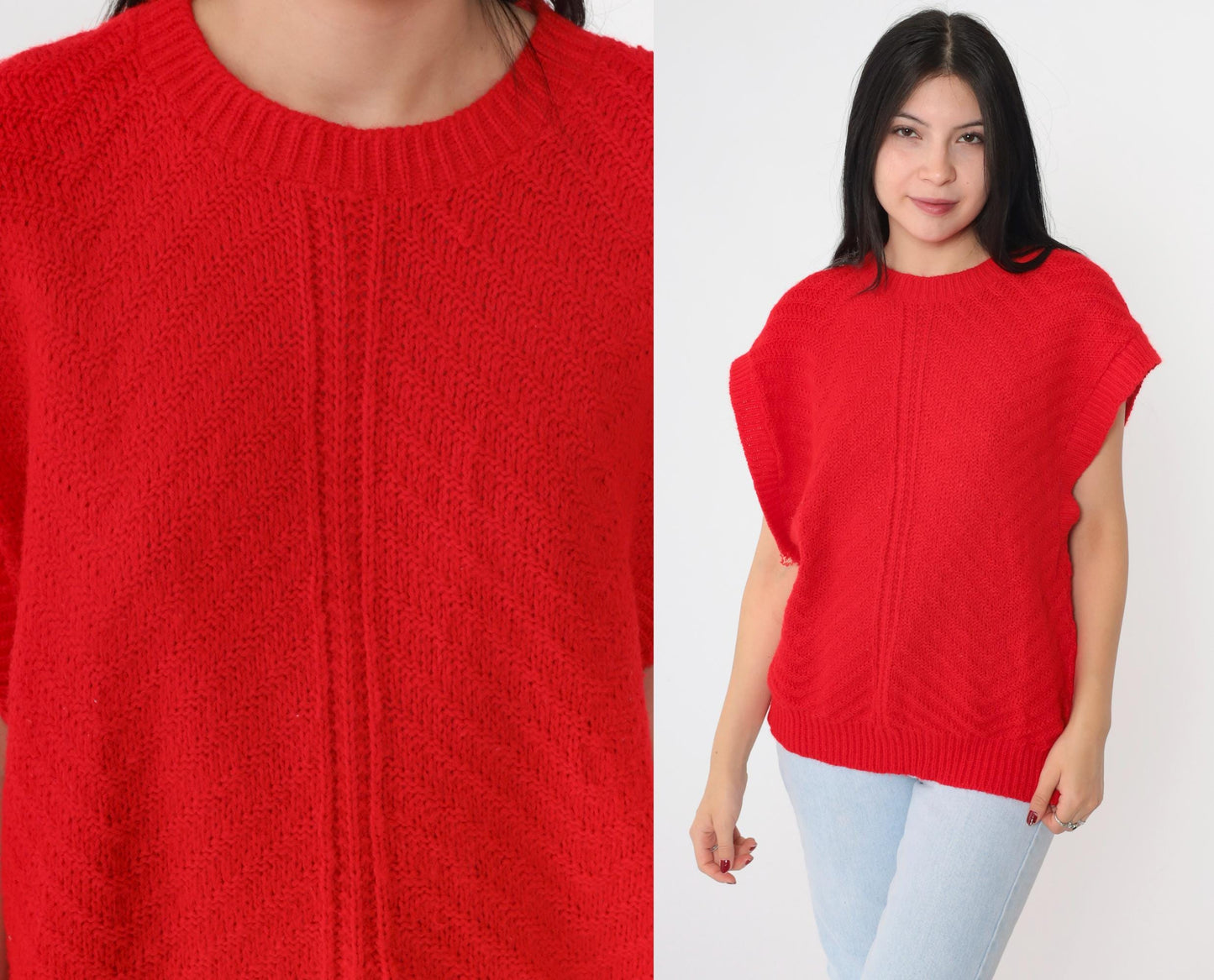 80s Fortune Knits Red Chevron Knit Top Cap Sleeve Medium