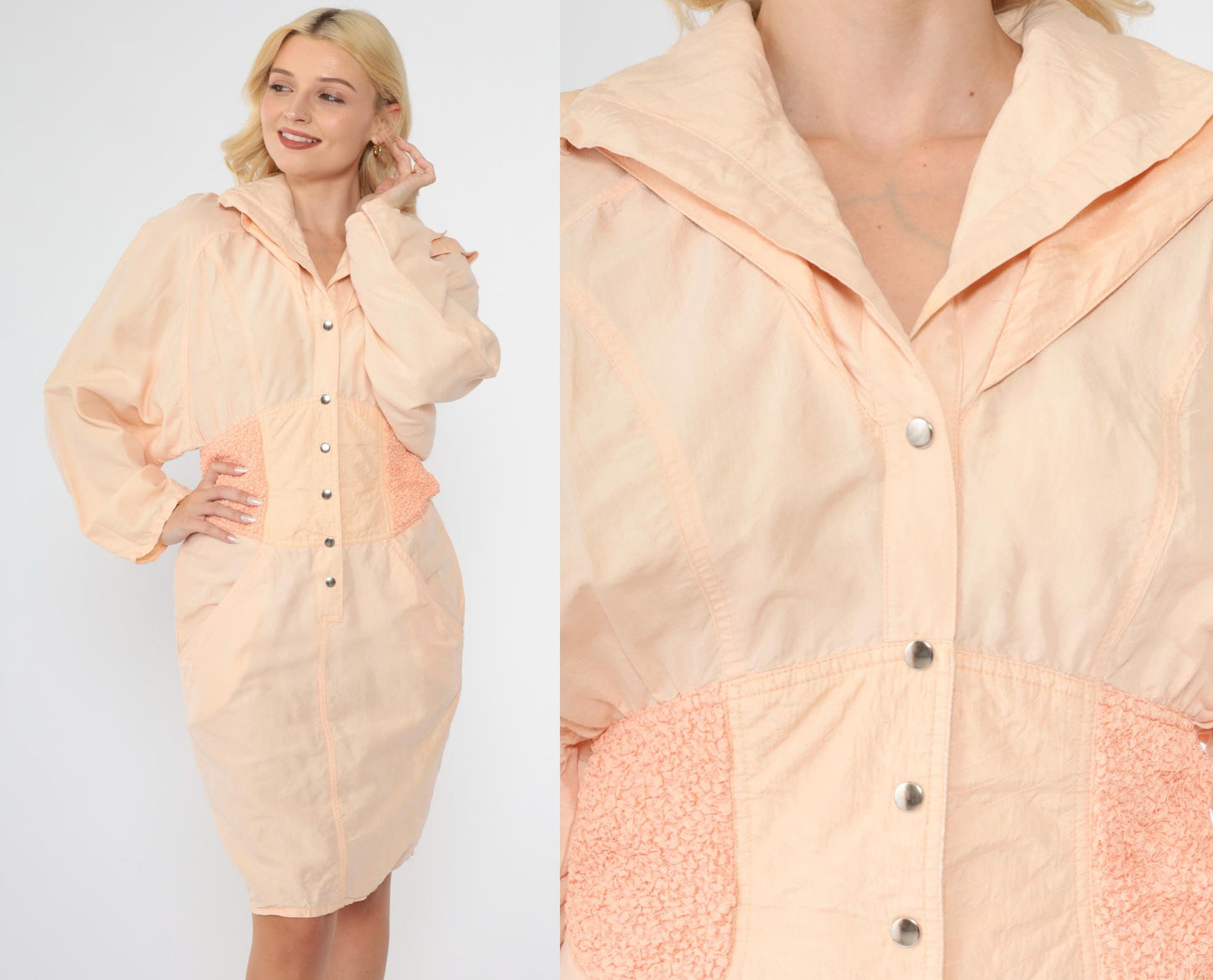 80s Marshall Rousso Peach Snap Mini Shirtdress High Waist Small