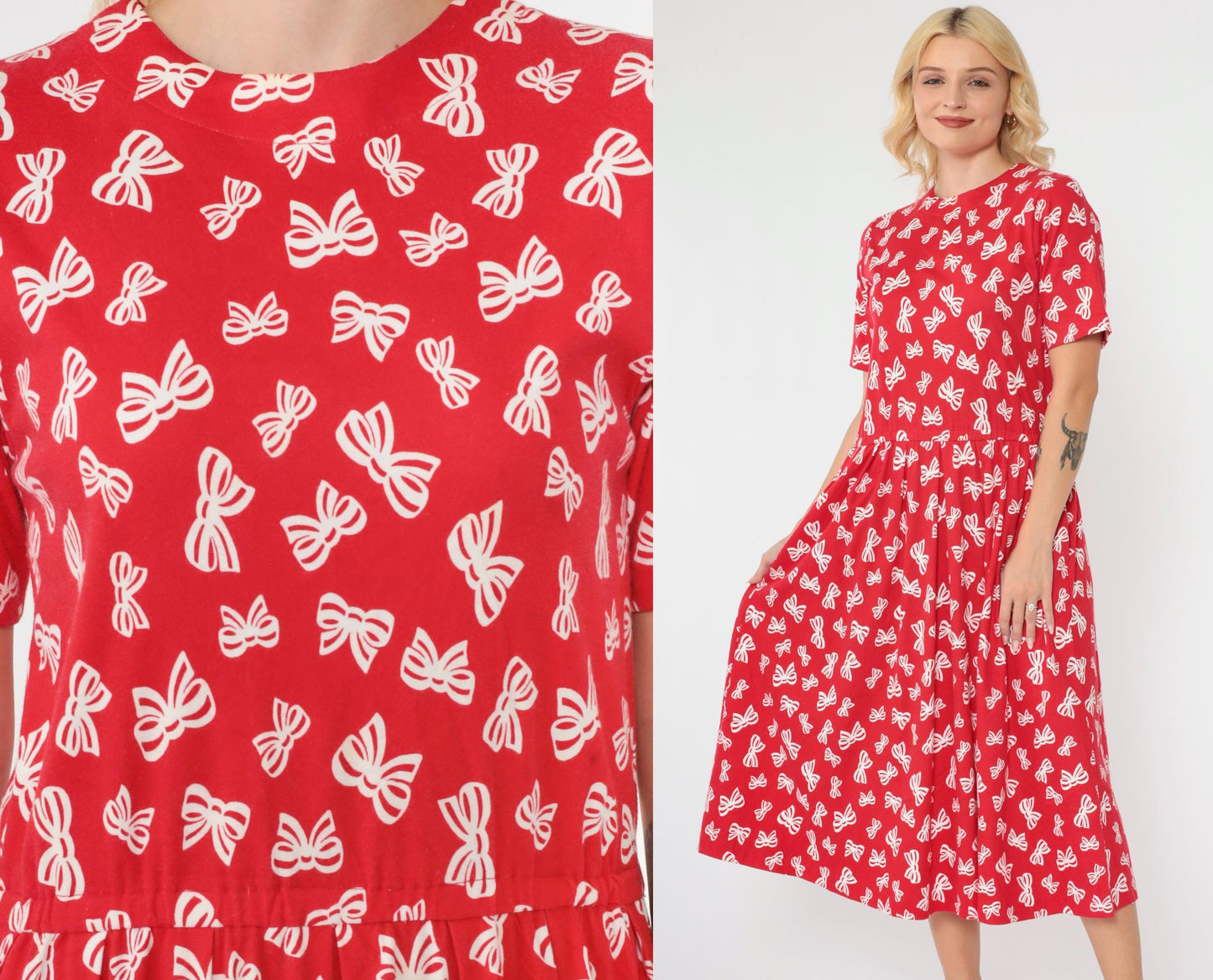 90s Talbots Red Bow Print Midi Dress Pleated Button Back Small