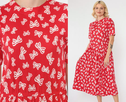 90s Talbots Red Bow Print Midi Dress Pleated Button Back Small