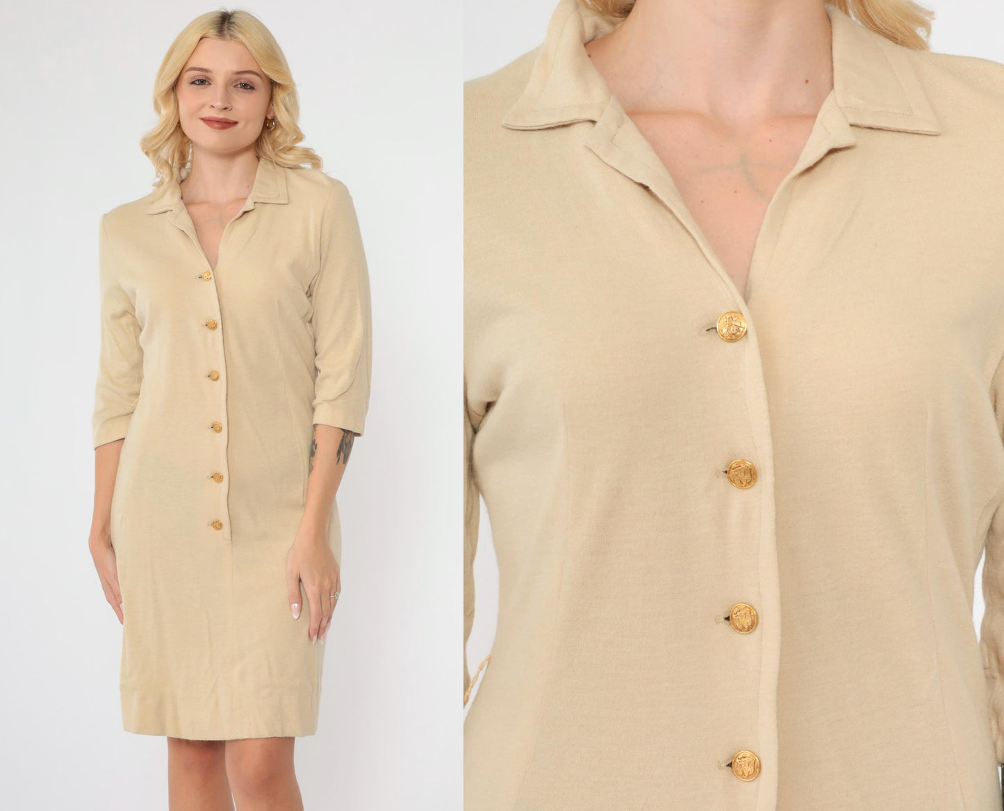 1970s Beige Shift Dress Gold Button Mini 3/4 Sleeve Collar Small
