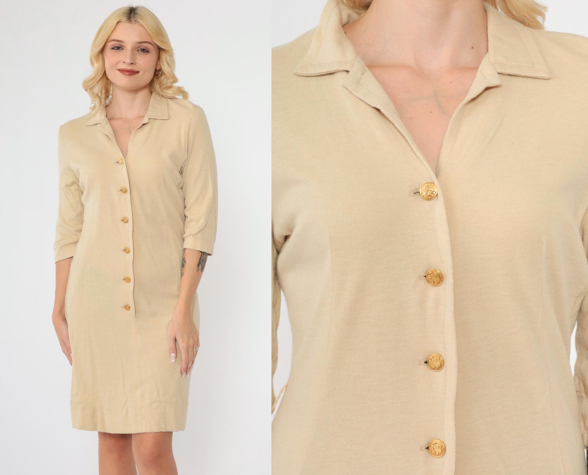 1970s Beige Shift Dress Gold Button Mini 3/4 Sleeve Collar Small