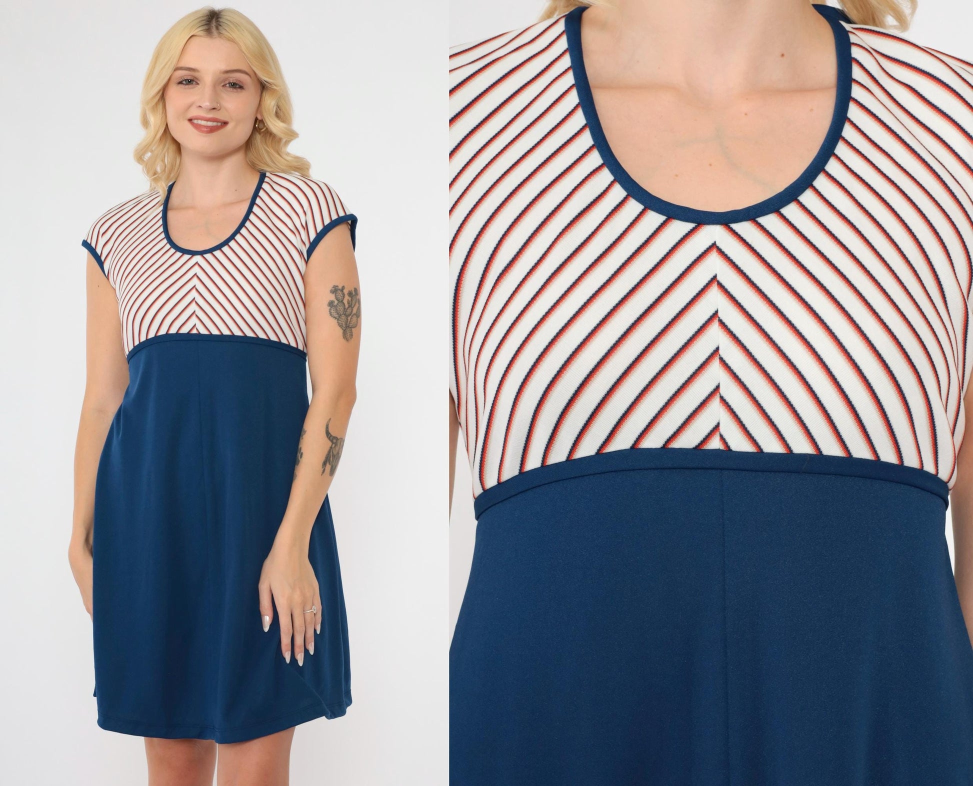 70s Sunshine Alley Striped Babydoll Mini Dress Empire Waist Navy White Small
