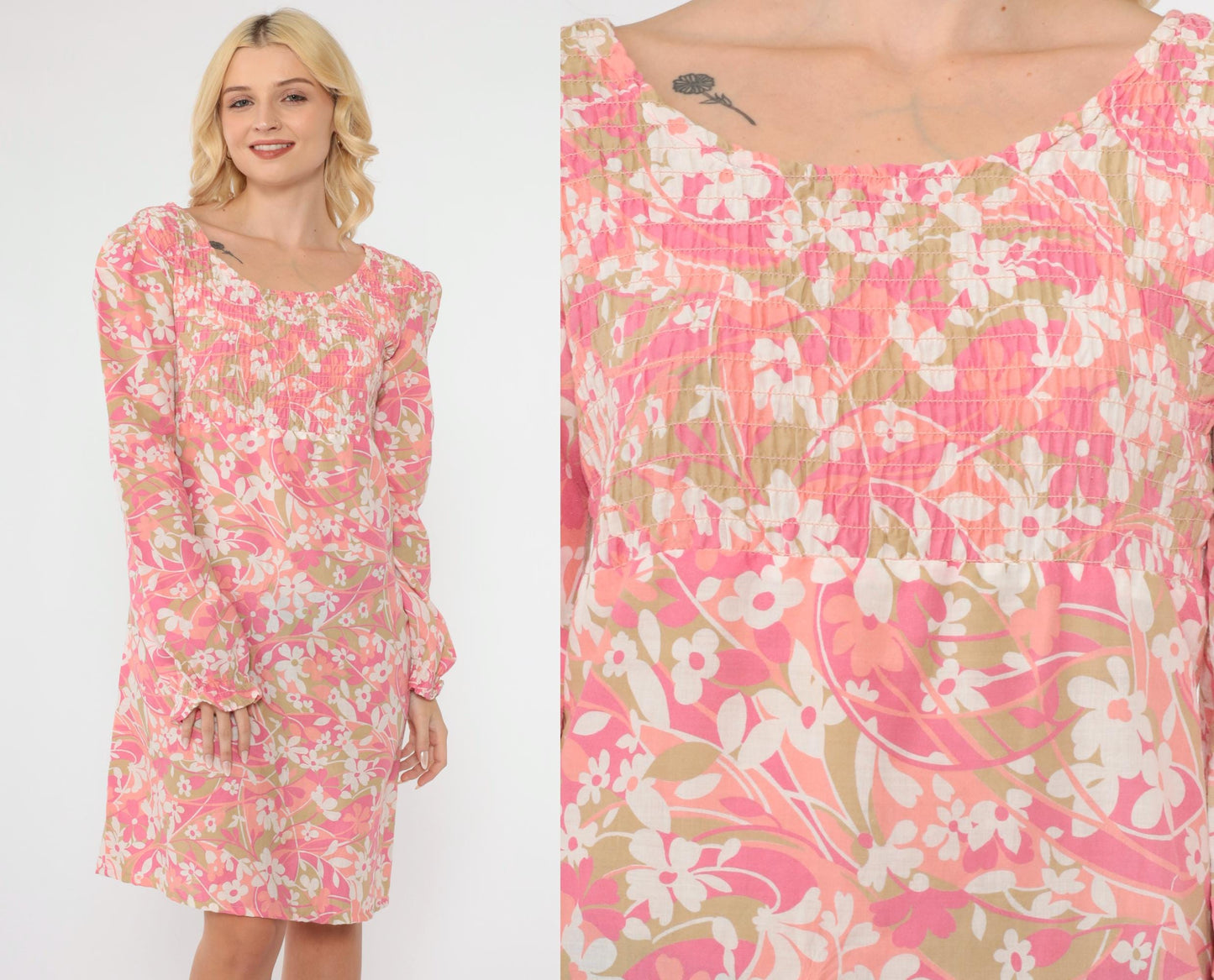 70s Floral Puff Sleeve Mini Dress Empire Waist Smocked Bodice Pink Small