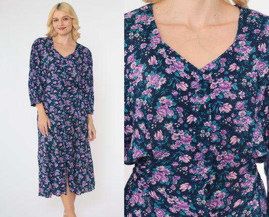 90s Purple Blue Floral Midi Dress Button Up Long Sleeve Large