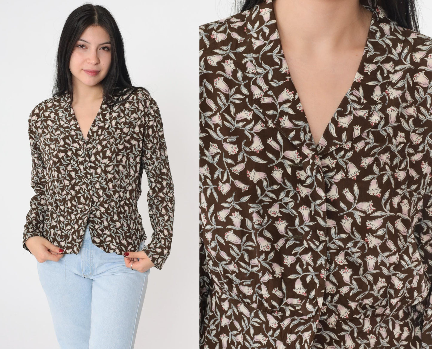 90s Carole Little Floral Button-Up Blouse Brown Peplum Petite Medium