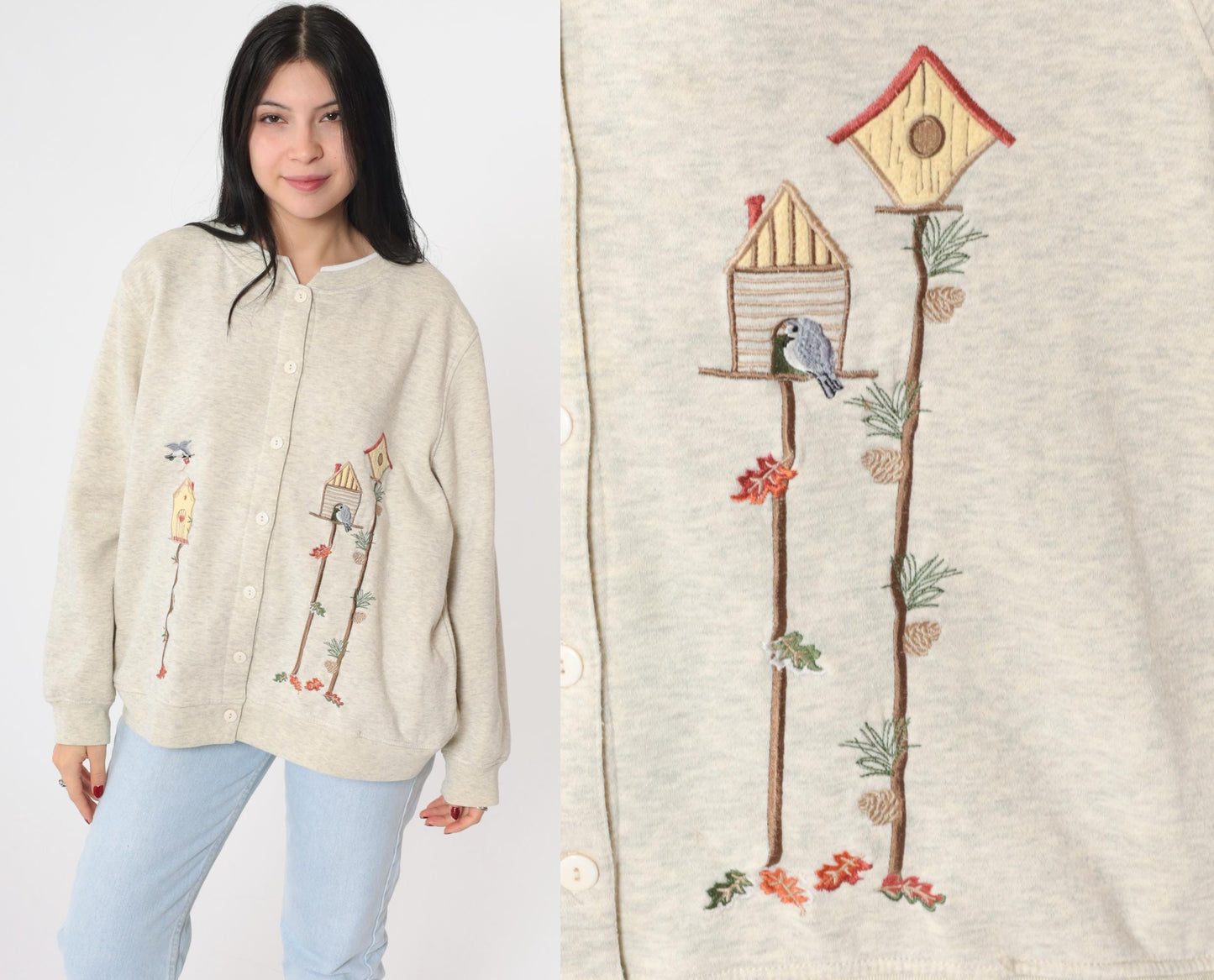 90s BonWorth Birdhouse Cardigan Sweatshirt Cream Embroidered Birds Medium