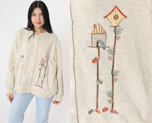 90s BonWorth Birdhouse Cardigan Sweatshirt Cream Embroidered Birds Medium