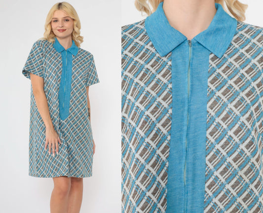 70s Plaid Shift Dress Mini Blue Brown Checkered Front Zip Collar Extra Large