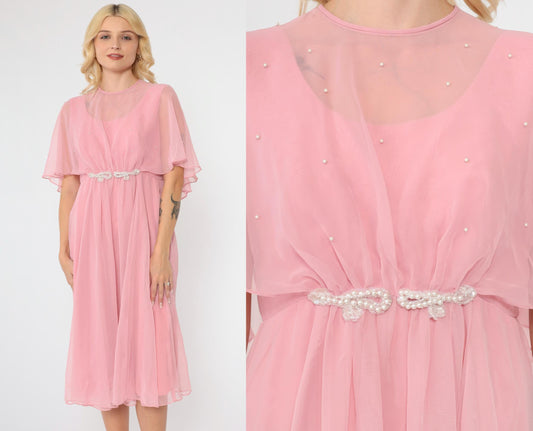 70s Pink Chiffon Midi Dress Pearl Beaded Capelet Flutter Sleeve Medium