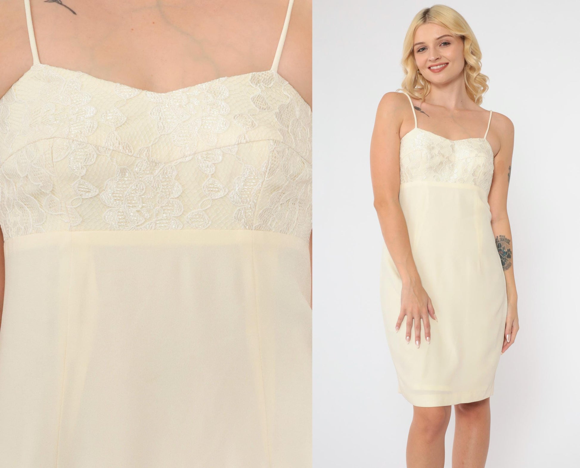 90s Cream Lace Mini Dress Spaghetti Strap Empire Waist Button Back Extra Small