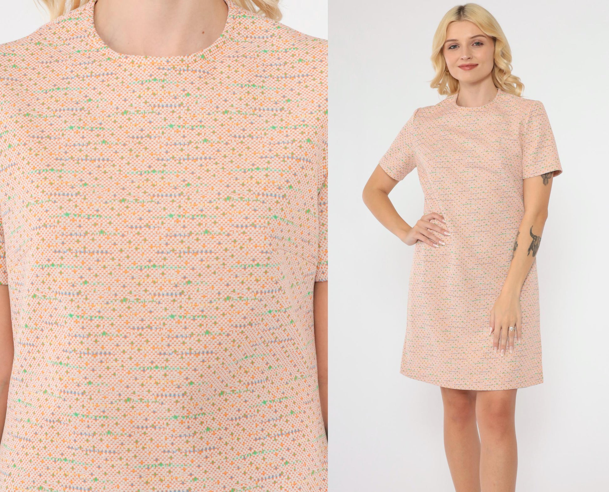 60s Mod Mini Shift Dress Orange Micro Dot Print White Polyester Small Medium
