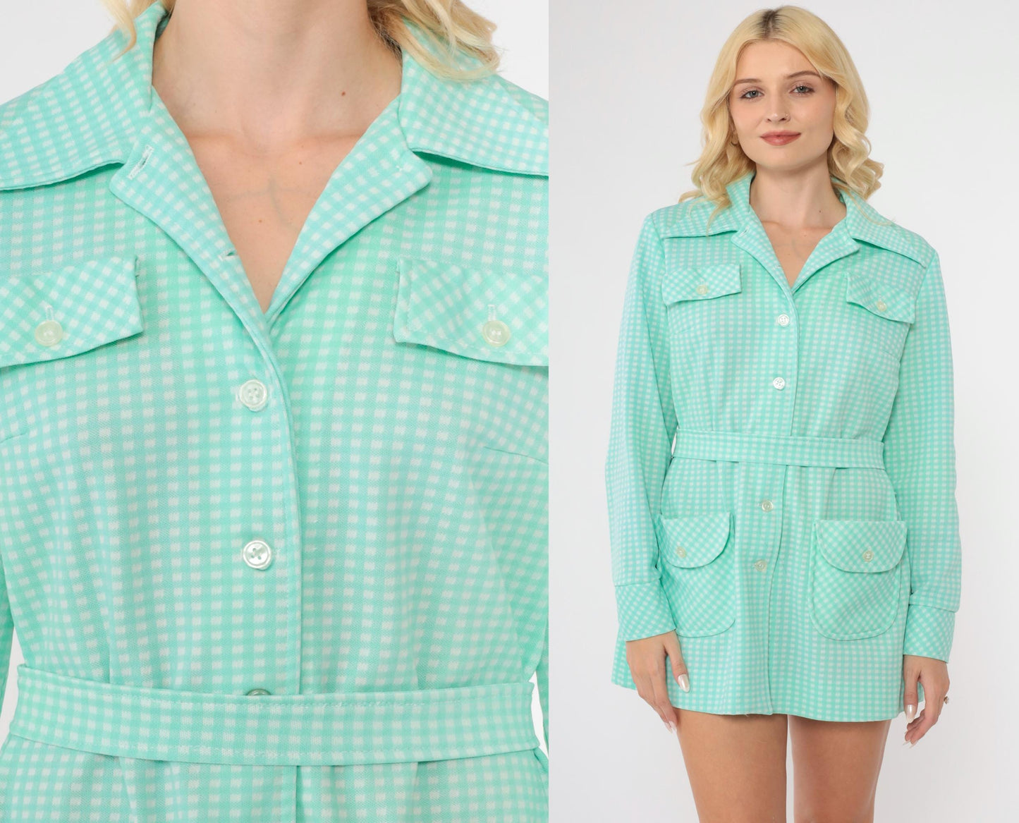 70s Mint Gingham Button-Up Shirt Jacket White Check Long Sleeve Medium