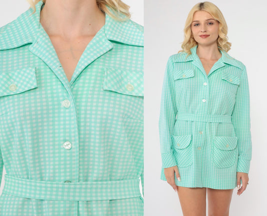 70s Mint Gingham Button-Up Shirt Jacket White Check Long Sleeve Medium