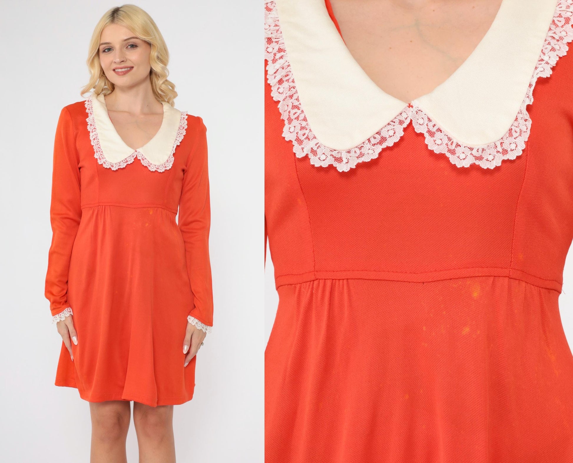 70s Orange Babydoll Minidress Peter Pan Collar Empire Waist Small