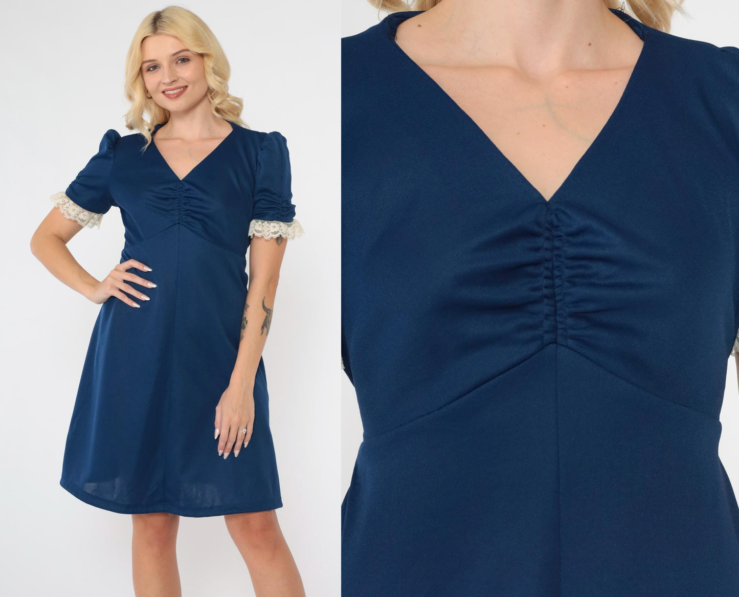 70s Navy Babydoll Mini Dress Empire Waist Puff Sleeve Lace Trim Medium
