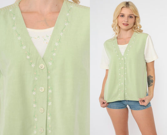 90s Napa Valley Petites Floral Embroidered Checkered Button Up Blouse Green Medium