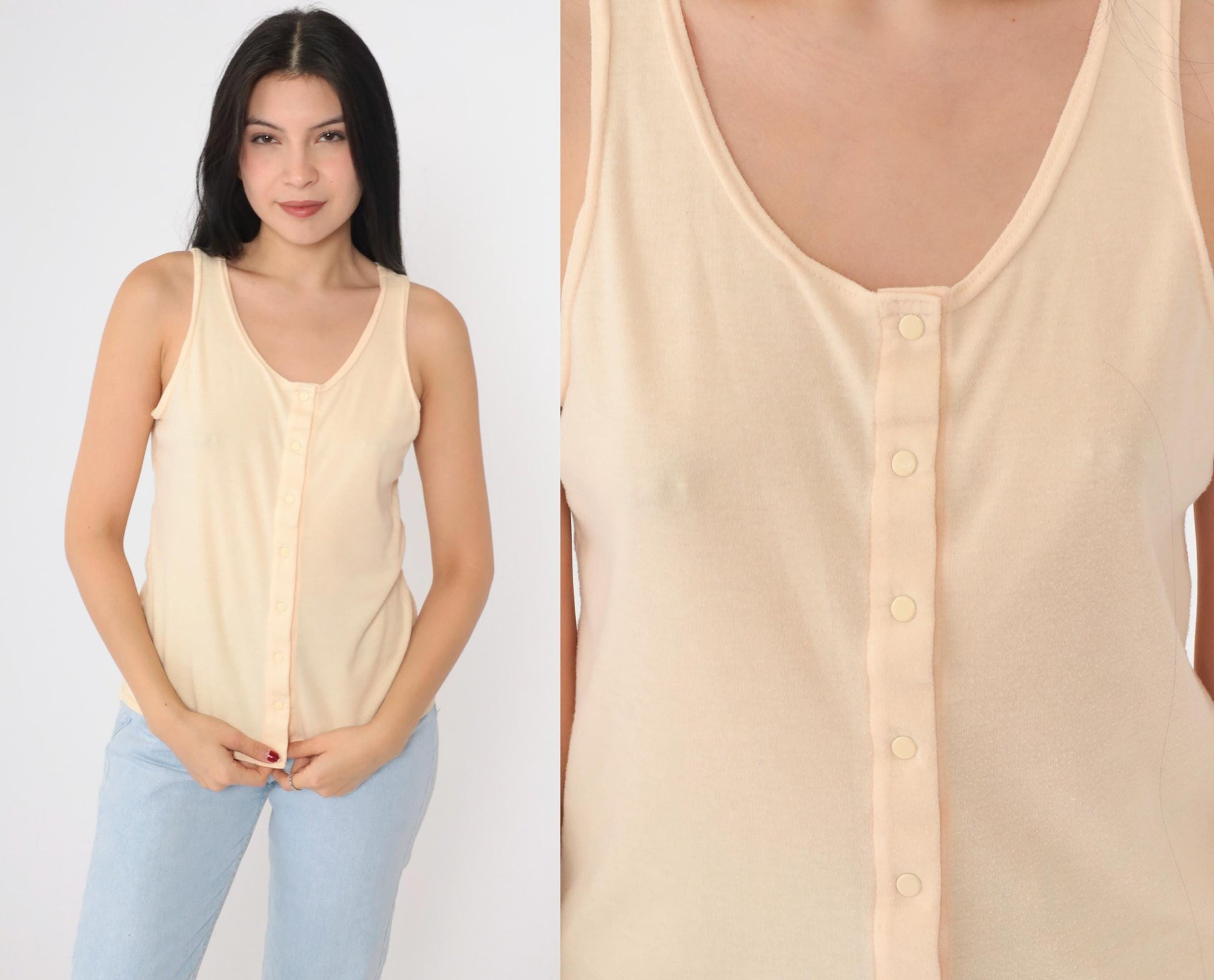 90s Peach Snap Button Tank Top Scoop Neck Sleeveless Blouse Medium