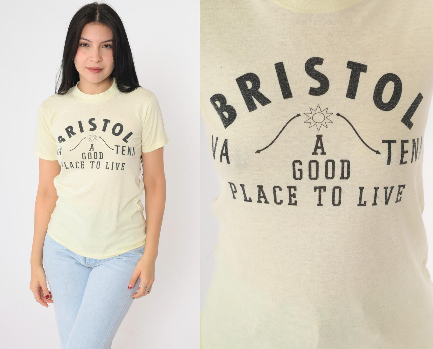 80s Bristol Virginia Tennessee A Good Place to Live Graphic Tee Yellow Extra Small