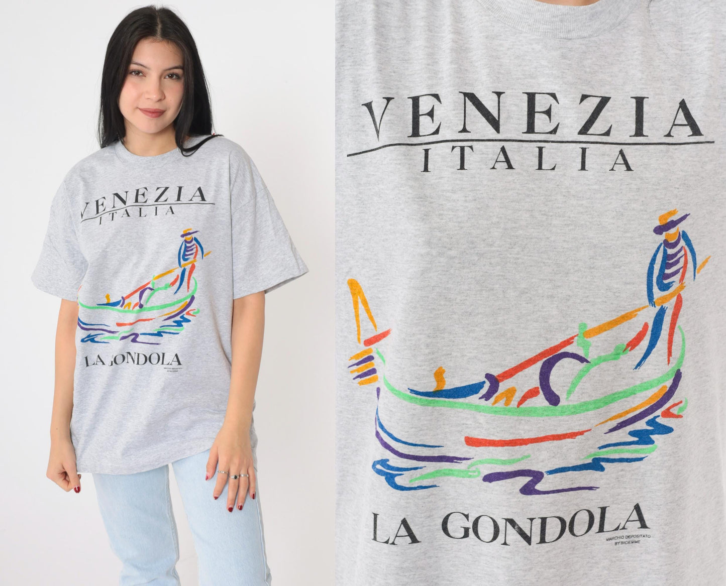 90s Venezia Italia La Gondola Venice Graphic T-Shirt Grey Large L