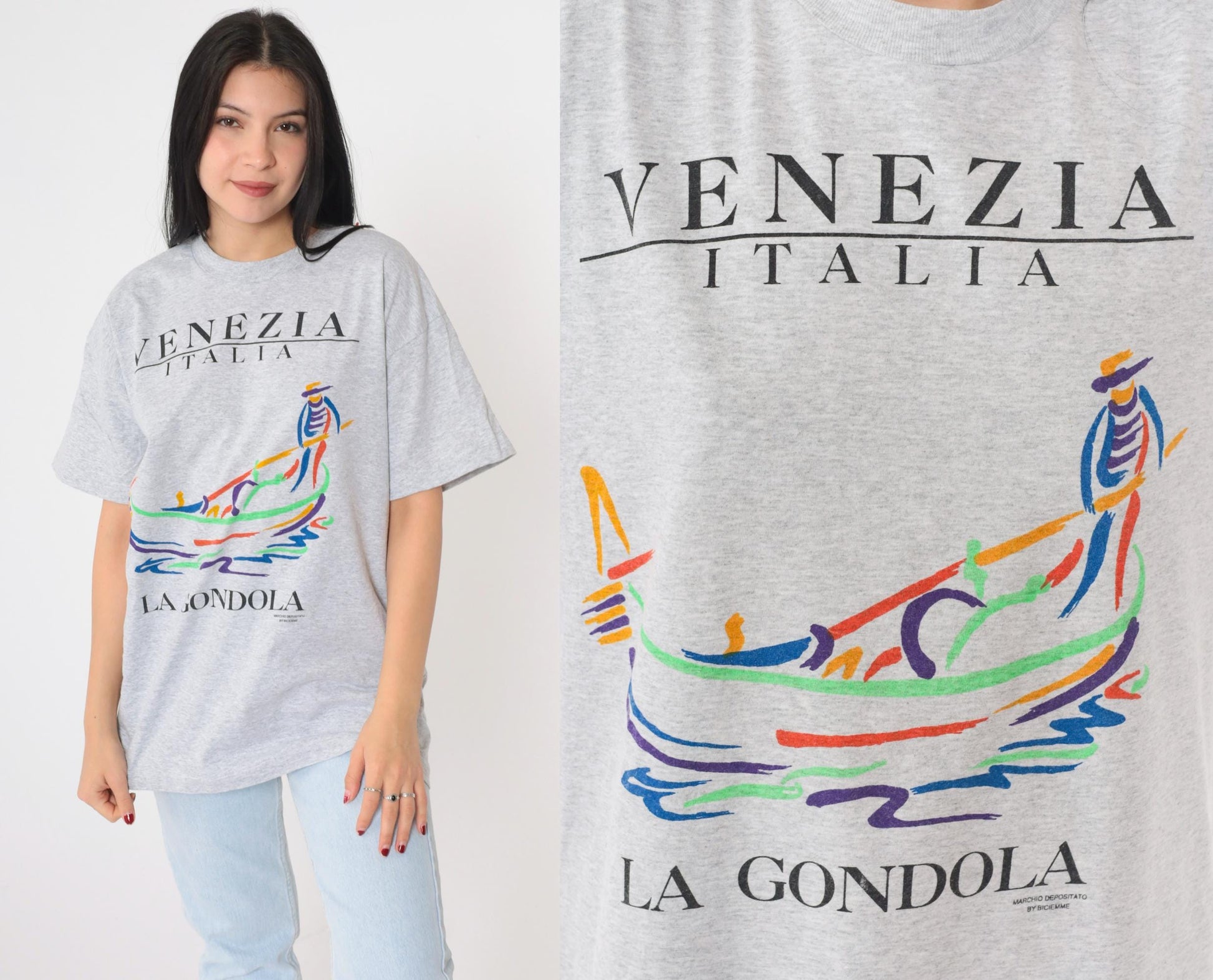 90s Venezia Italia La Gondola Venice Graphic T-Shirt Grey Large L