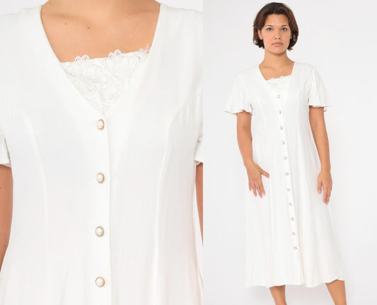 90s White Midi Dress Flutter Sleeve Lace Trim Button Up A-Line Medium