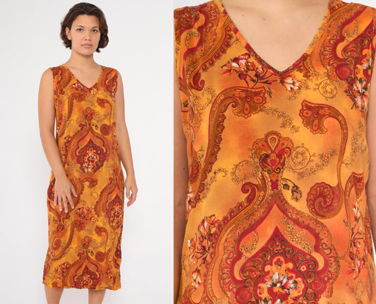 90s Floral Paisley Midi Dress Orange Red Rayon Sleeveless V-Neck Medium