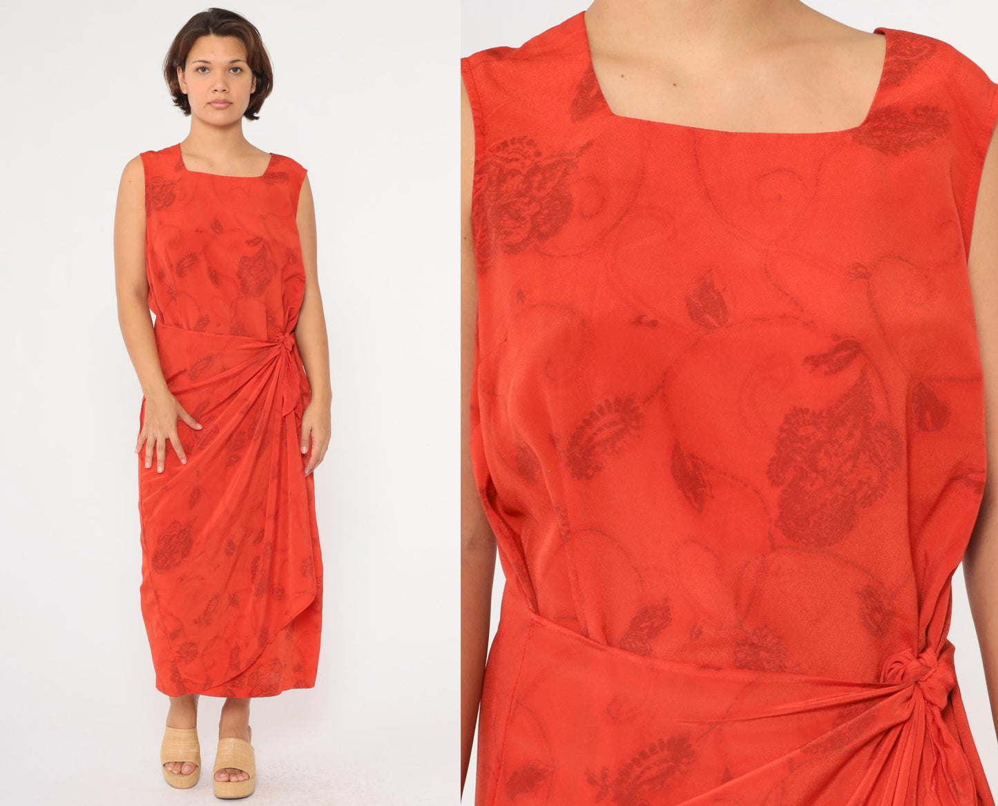 90s Studio C Plus Floral Maxi Dress Orange Red Square Neck Sleeveless Extra Large XXL