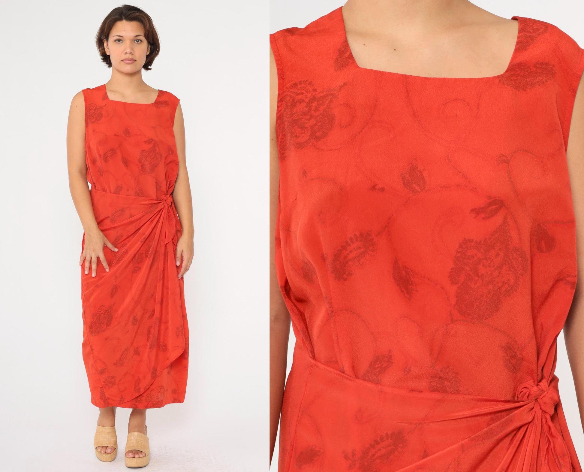 90s Studio C Plus Floral Maxi Dress Orange Red Square Neck Sleeveless Extra Large XXL