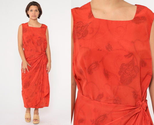 90s Studio C Plus Floral Maxi Dress Orange Red Square Neck Sleeveless Extra Large XXL