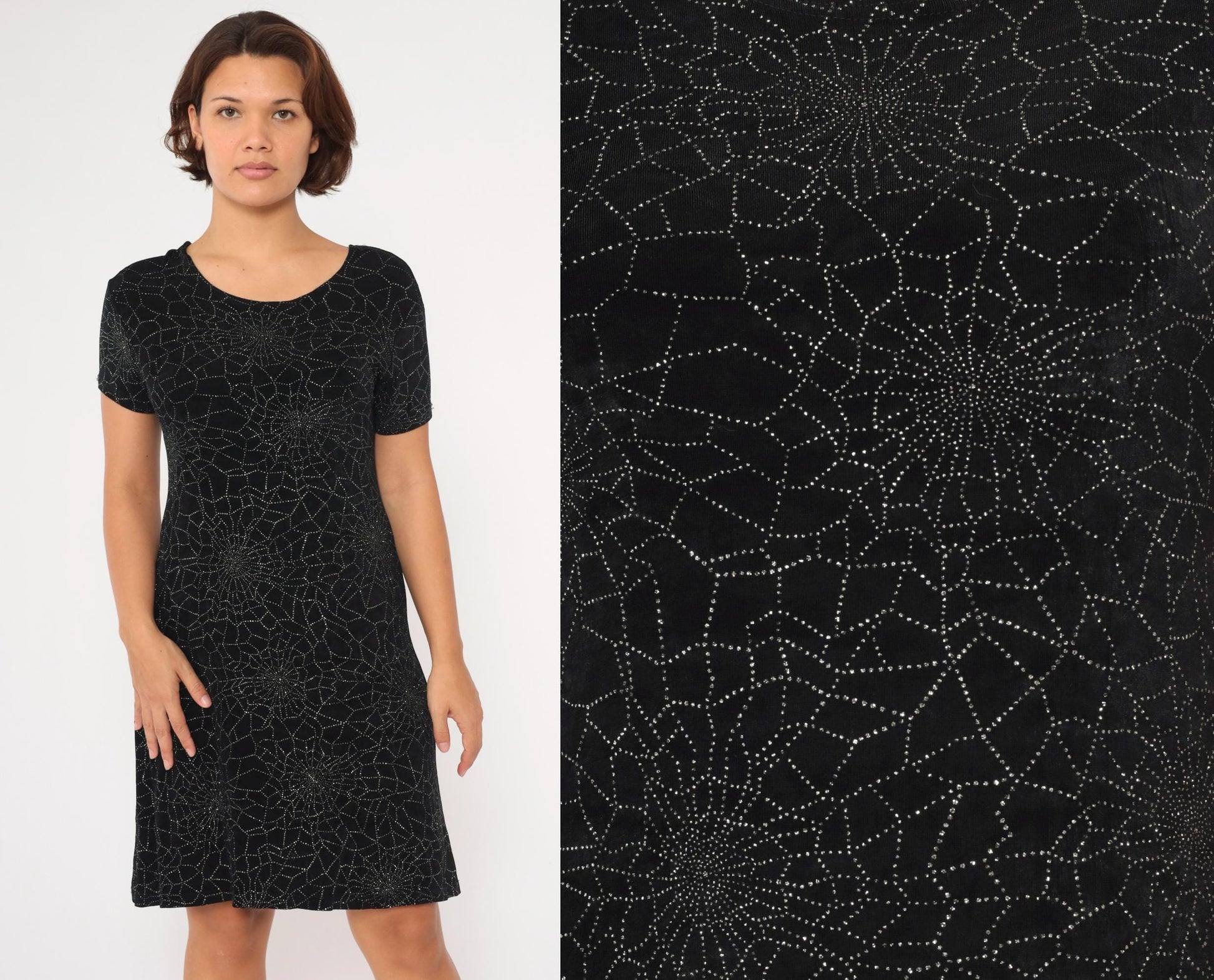 90s Spiderweb Sparkle Mini Dress Black Shift Short Sleeve Large