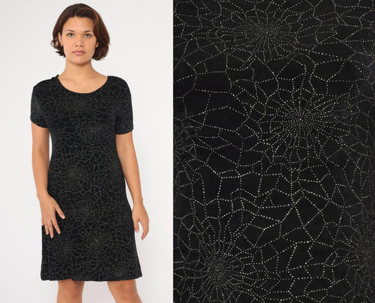90s Spiderweb Sparkle Mini Dress Black Shift Short Sleeve Large