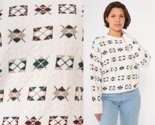 90s Argyle Sweater Off-White Cotton Crewneck Pullover Medium