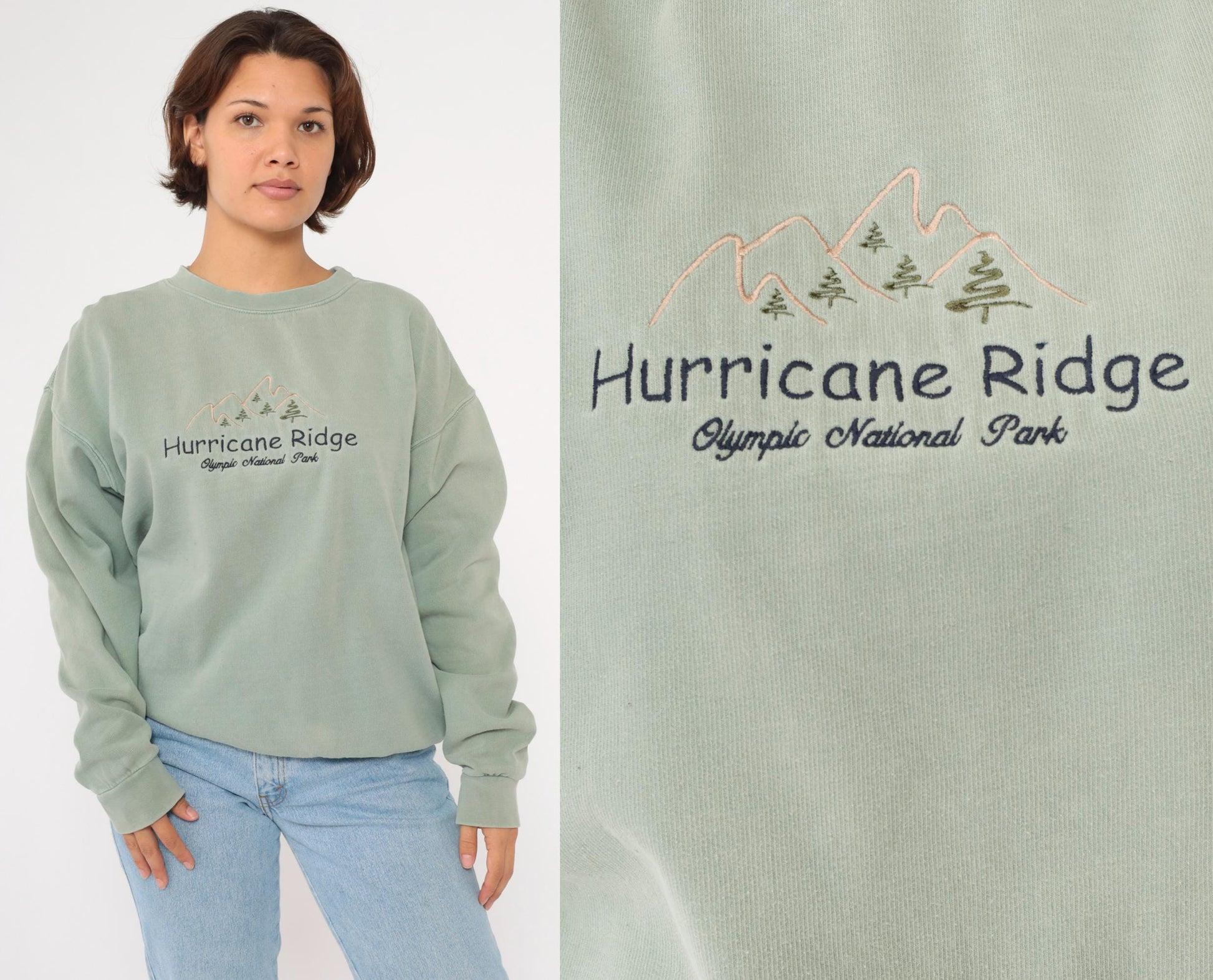 90s Olympic National Park Hurricane Ridge Sage Green Embroidered Sweatshirt Large