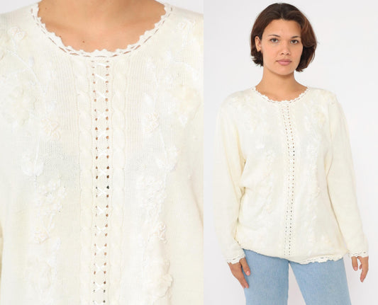 90s Koret White Cable Knit Sweater Floral Embroidered Beaded Crochet Lace Large