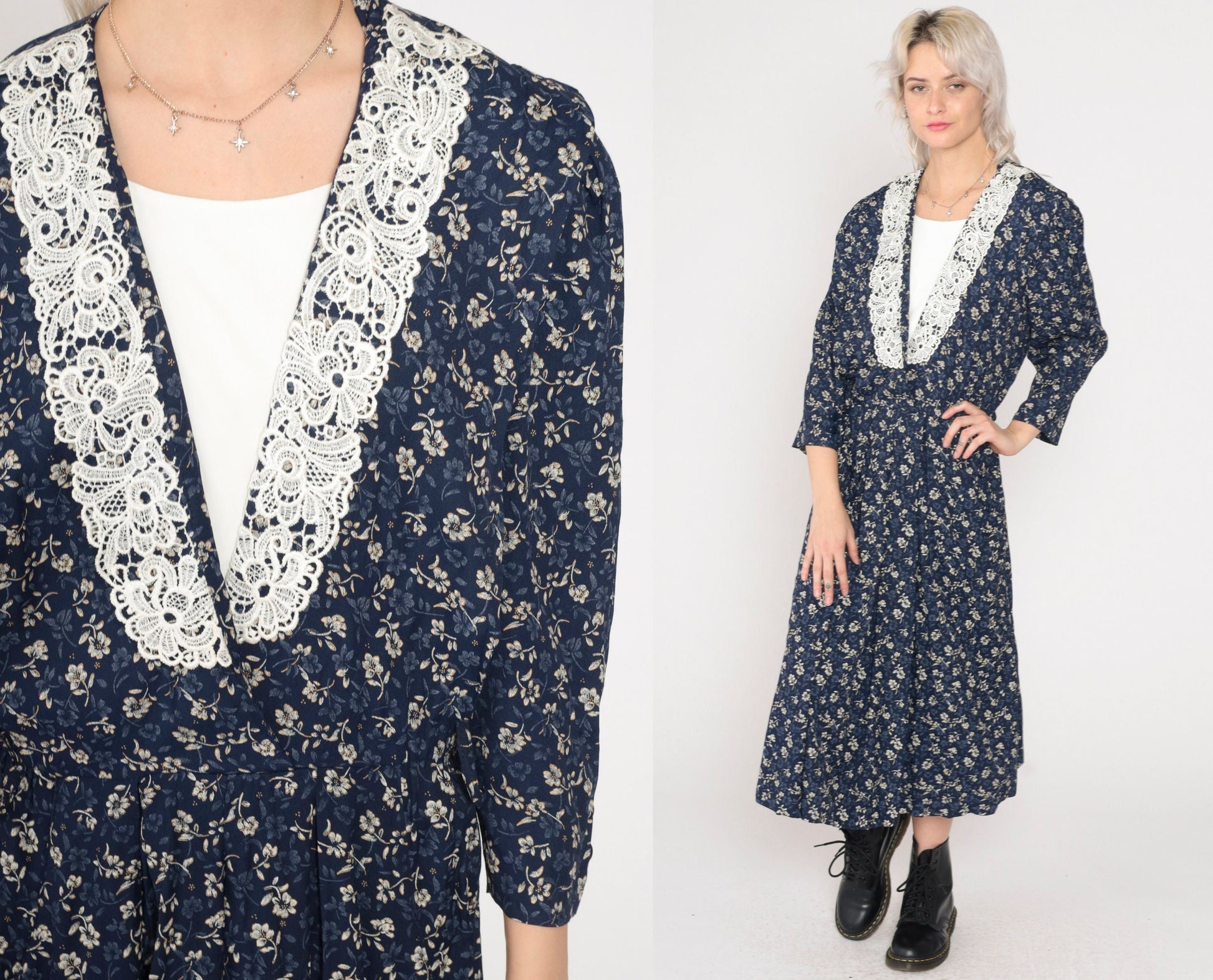 90s Navy Floral Midi Dress Puff Sleeve V-Neck Lace Medium