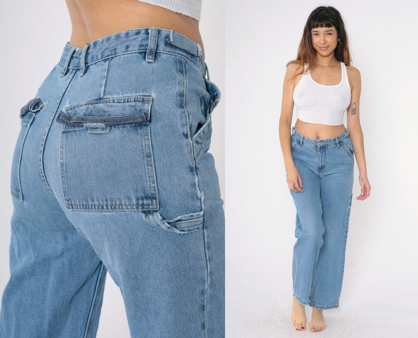 00s Rue21 Cargo Jeans Blue Denim Straight Leg Mid Rise Small 27